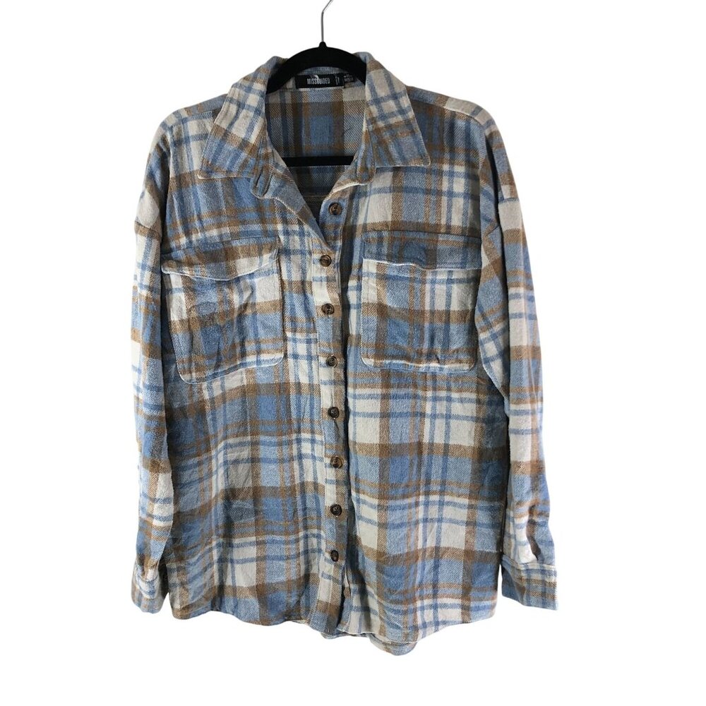 Missguided Womens Blue & Brown Plaid Long Sleeve Button-Up Flannel Shirt Size 4